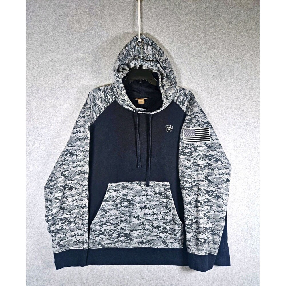 ARIAT Mens Patriot Hoodie XXL Black Digi Camo Pullover Flag Patch Graphic